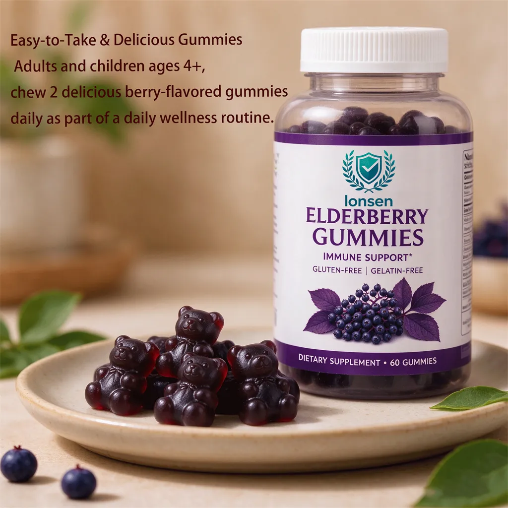 Elderberry Gummies bottle with dark purple gummies and fresh elderberries
