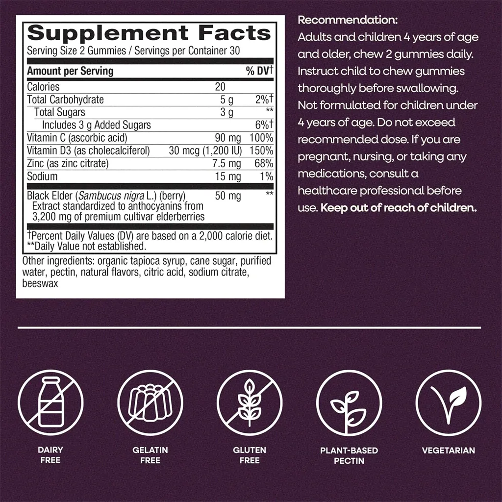 Elderberry gummies supplement facts black elderberry extract vitamin c d3 zinc